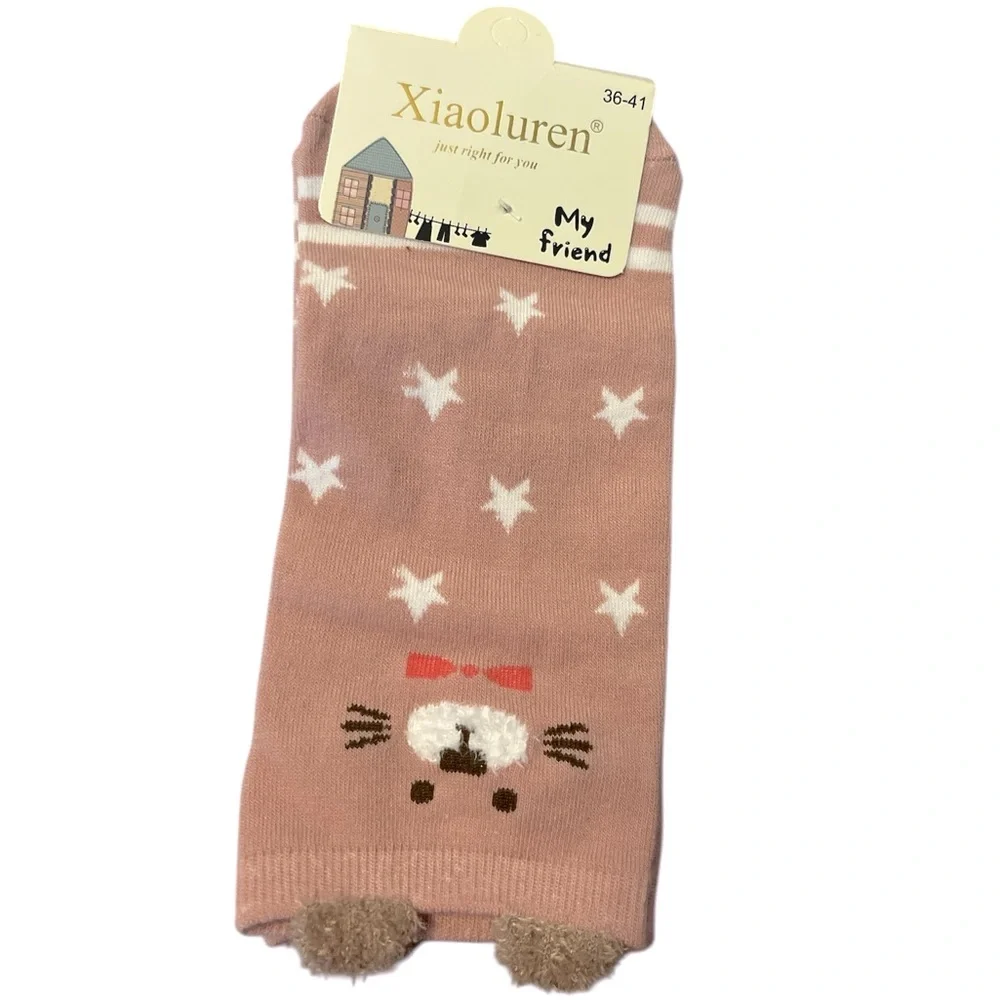 Pink Kawaii Cat Socks With White Star Pattern